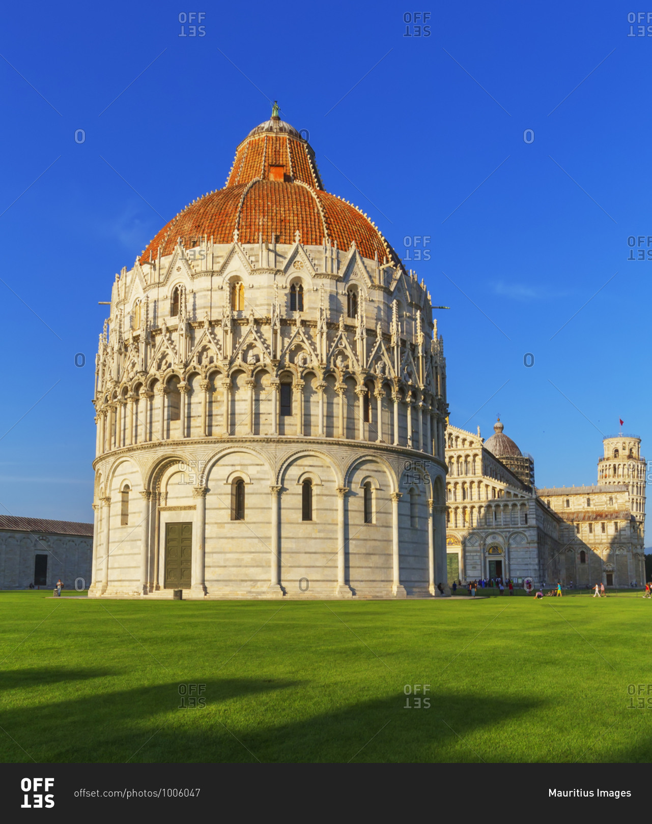 View of Baptistery, Cathedral and Leaning tower, Campo dei Miracoli, Pisa, Tuscany, Italy, Europe