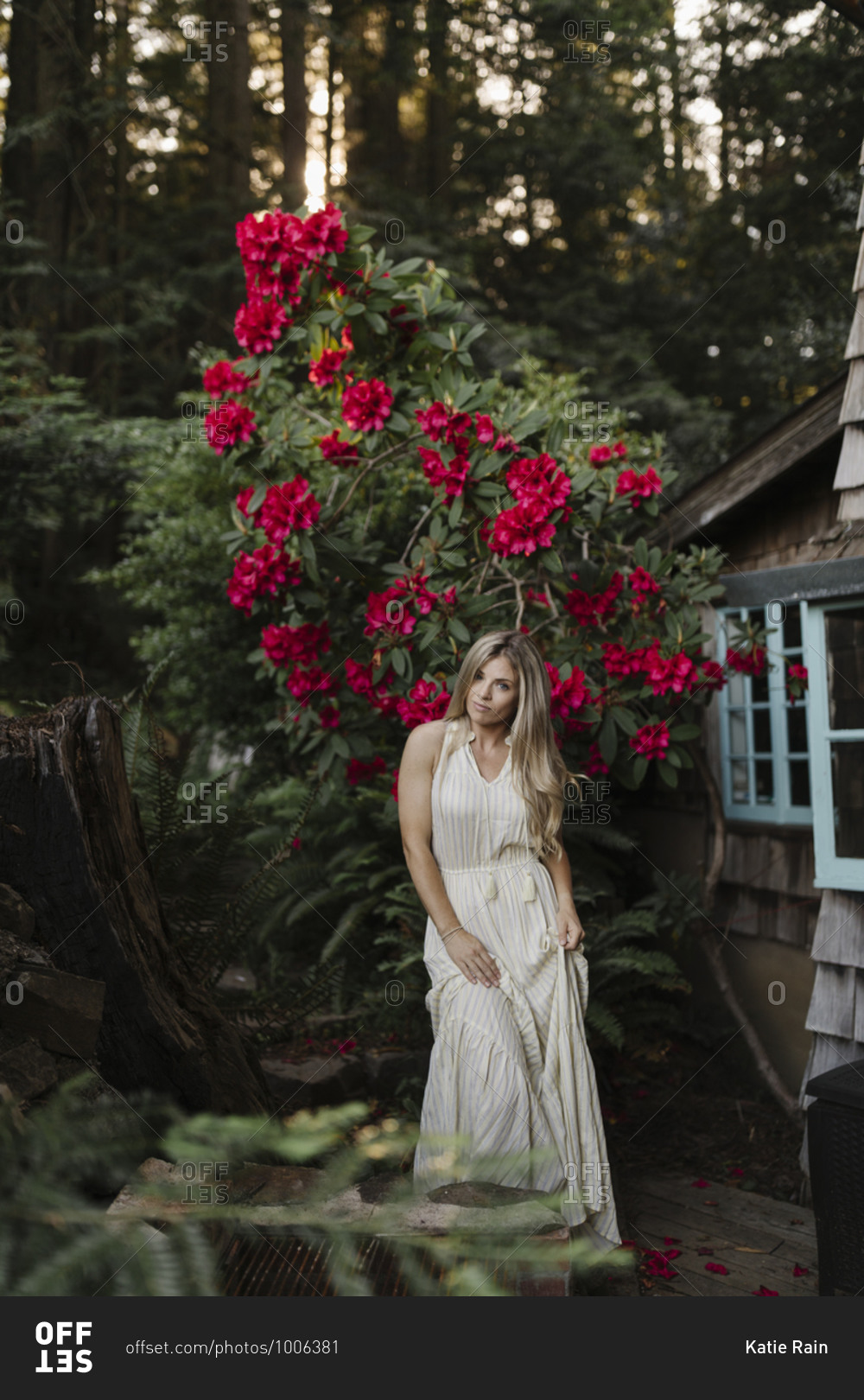 Blonde woman standing in front of a large flowering shrub by a cabin in the woods