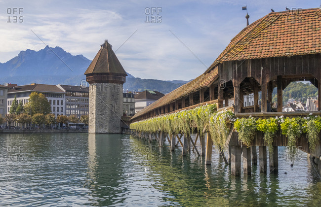Lake Lucerne, Switzerland. Famous walking bridge and swans in river during the fall season.