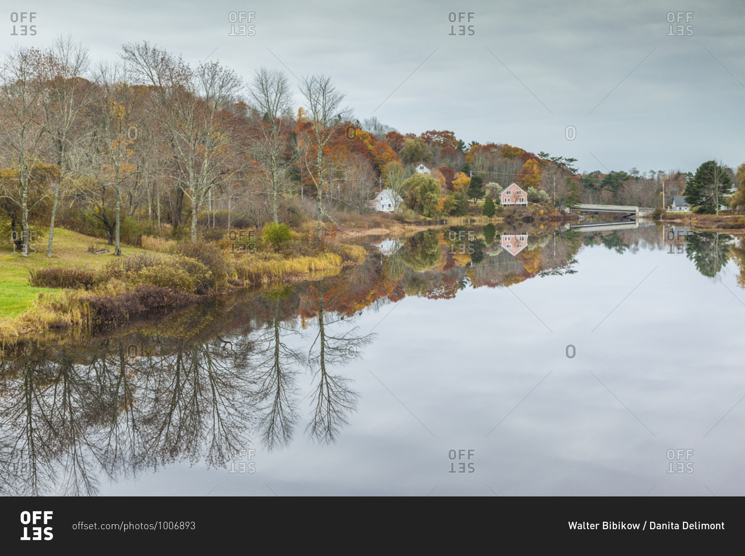 USA, Maine Orland, village reflection during autumn. stock photo OFFSET