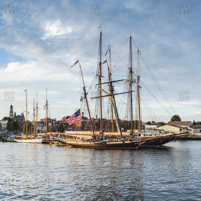 September 1, 2018: USA, Massachusetts, Cape Ann, Gloucester. Gloucester Schooner Festival, schooners in Gloucester Harbor at dusk