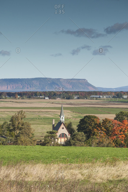 Canada, Nova Scotia, Annapolis Valley. Grand-Pre National Historic Site, site of the deportation of Canada's early French-Acadians by the English. Elevated view towards Cape Blomidon.