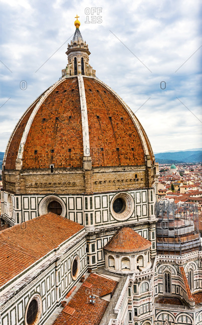 Dome with golden cross, Florence Cathedral, Florence, Italy. Finished 1400's. Formal name Cathedral di Santa Maria del Fiore.