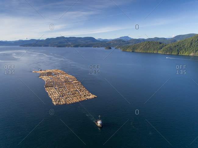 Canada, British Columbia, Campbell River, Aerial view of tugboats towing boom of freshly cut logs toward Seymour Narrows along Vancouver Island on summer evening