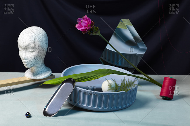 Pink flower, mirror and mannequin head on dark background with other objects
