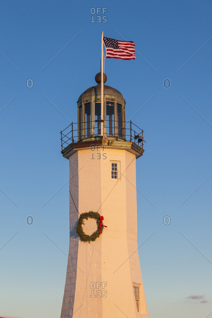 USA, Massachusetts, Scituate, Scituate Lighthouse at sunset.