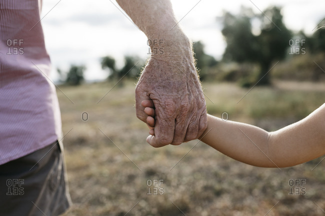 Close-up of grandfather and granddaughter holding hands