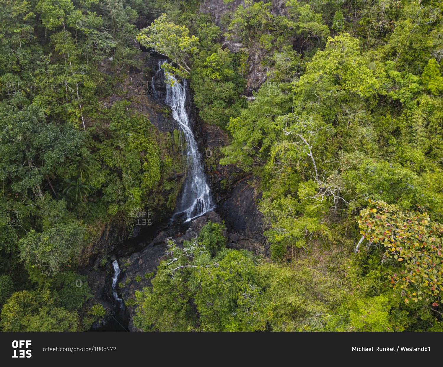 Myanmar- Mergui or Myeik Archipelago- Dome island- Waterfall in tropical forest- aerial view