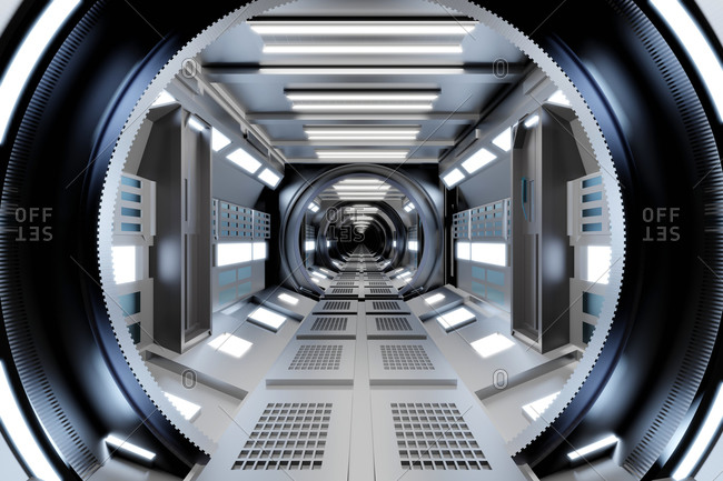 Three dimensional render of futuristic corridor inside spaceship or space  station stock photo - OFFSET