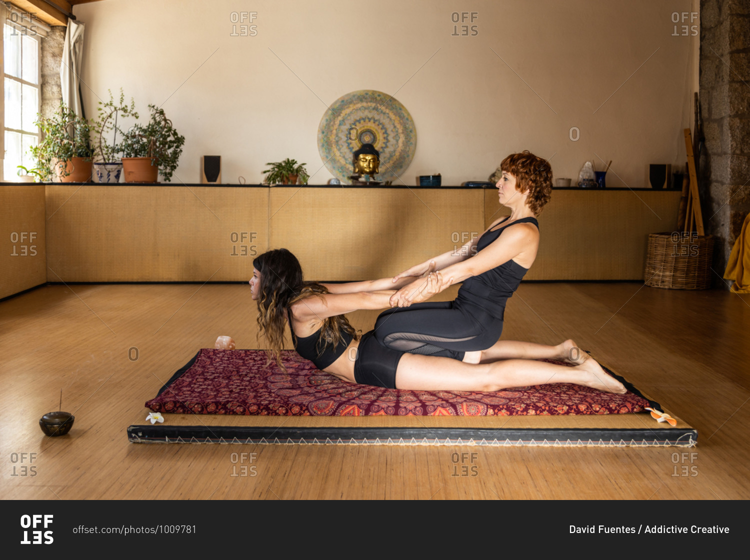 Side view of flexible females in sportswear in Cobra and Chair poses holding hands and doing acro yoga in studio
