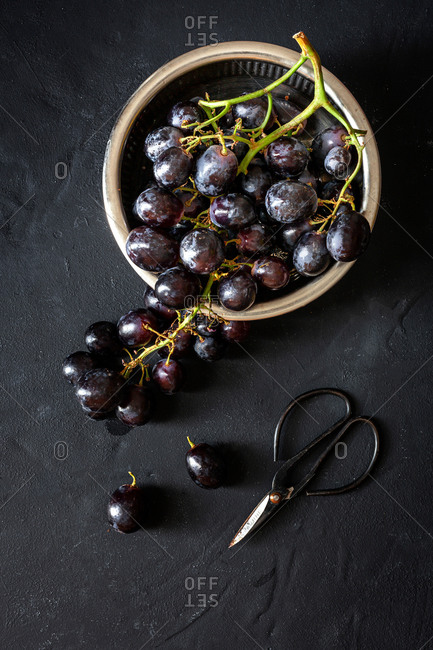 Top view composition with bunch of fresh ripe red grapes in bowl placed near scissors on black background