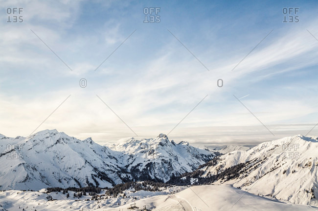 View of mountains and ski slope, Warth, Vorarlberg, Austria