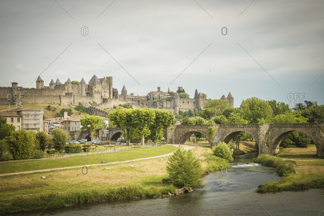View of bridge and city, Carcassonne, Languedoc-Roussillon, France