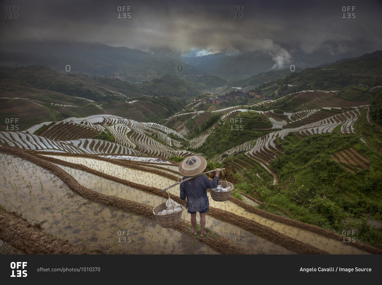 Farmer in terraced field, Longsheng, Guangxi Province, China