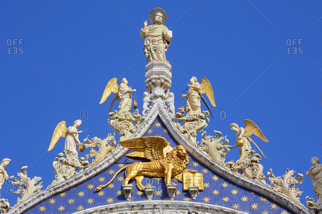 Detail of ornate cathedral facade, Venice, Veneto, Italy