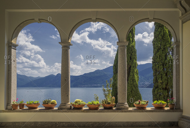 View from arched  Arcades of Villa Monastero,  Lake Como, Italy