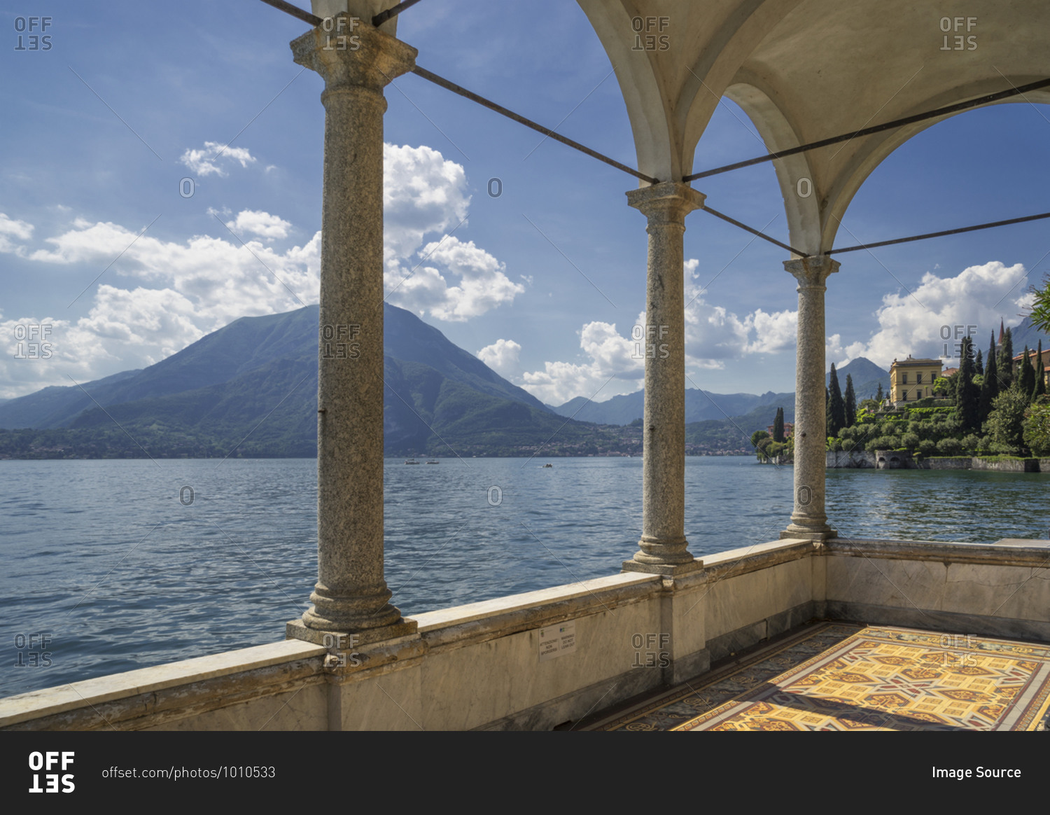 View from arcades of Villa Monastero,  Lake Como, Italy
