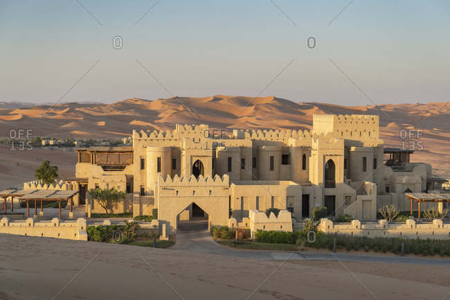 High angle view of facade of Qsar Al Sarab desert resort, Empty Quarter Desert, Abu Dhabi, United Arab Emirate