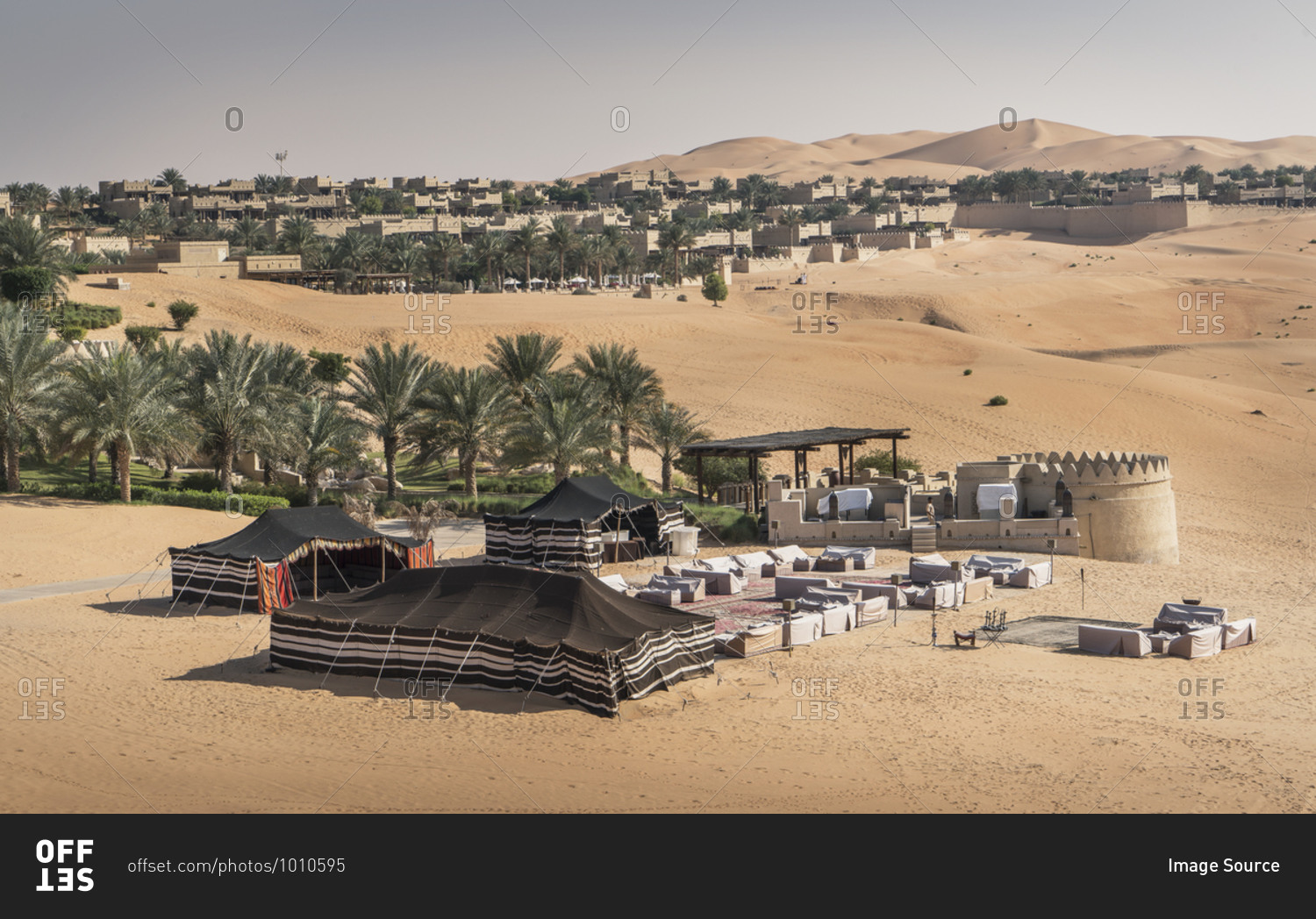 High angle view of large tents at Qsar Al Sarab desert resort, Empty Quarter Desert, Abu Dhabi, United Arab Emirate