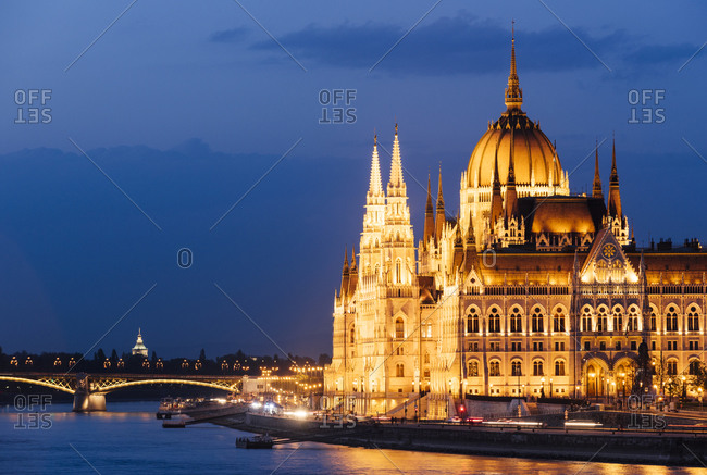 Hungarian Parliament Building & Danube River at night, Budapest, Hungary