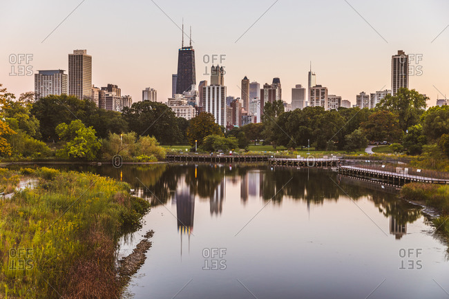 City skyline from Lincoln Park, Chicago, USA