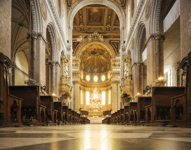 Church aisle and altar, Naples, Campania, Italy