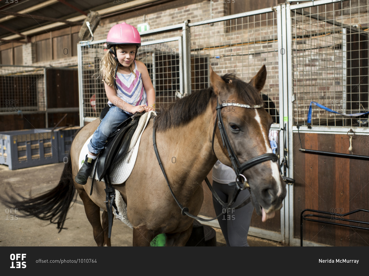 5 year old girl getting on brown horse