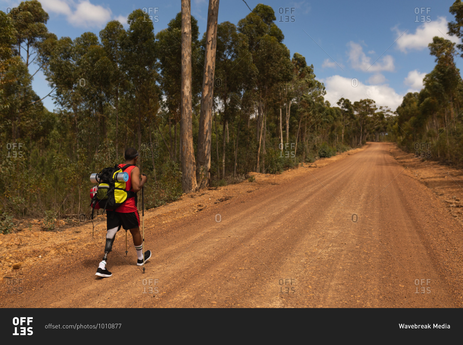 A fit, disabled mixed race male athlete with prosthetic leg, enjoying his time on a trip, hiking, walking with sticks on dirt road in a forest. Active lifestyle with disability.