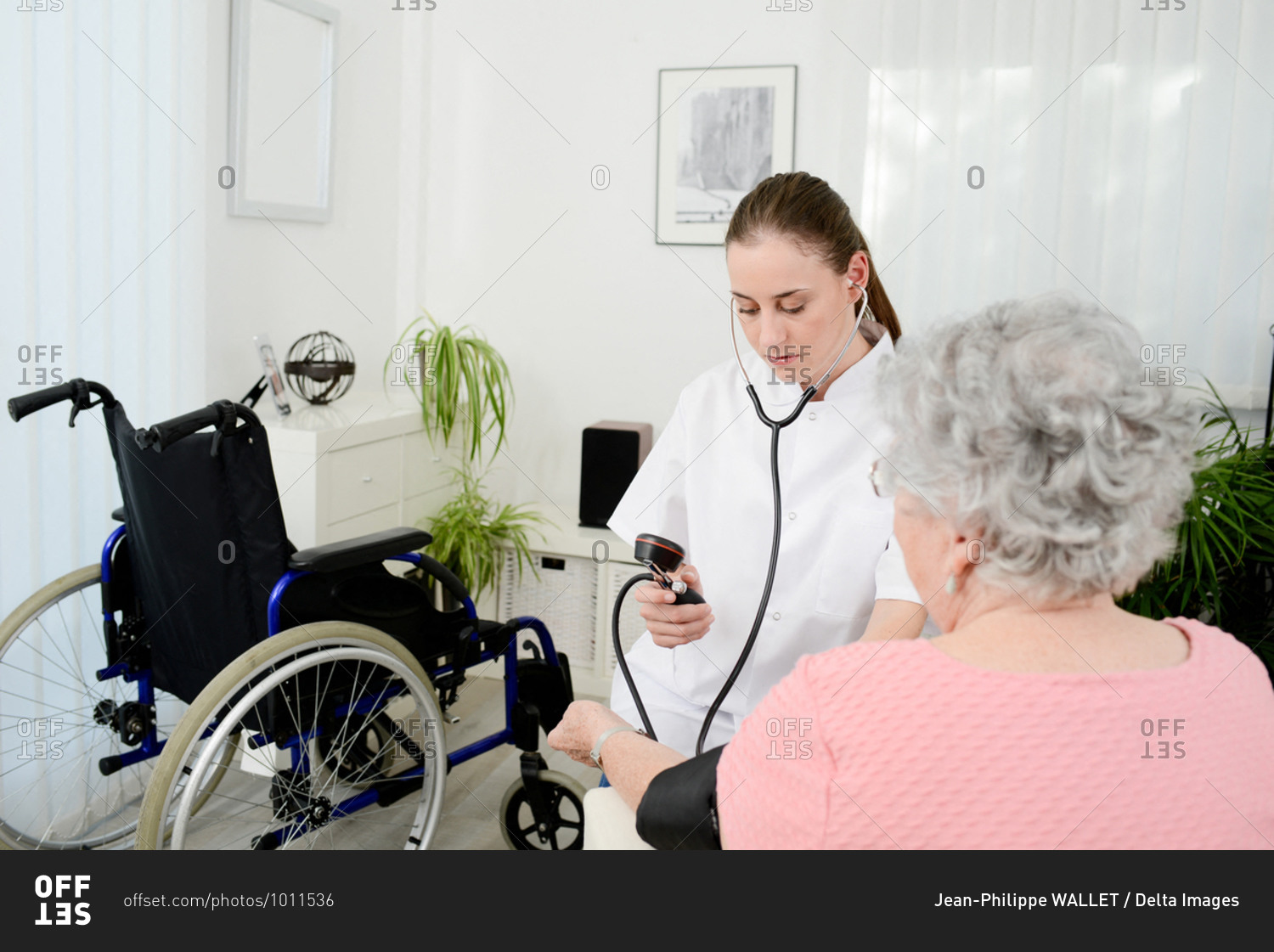 Elderly senior woman with young doctor having medical care at home.