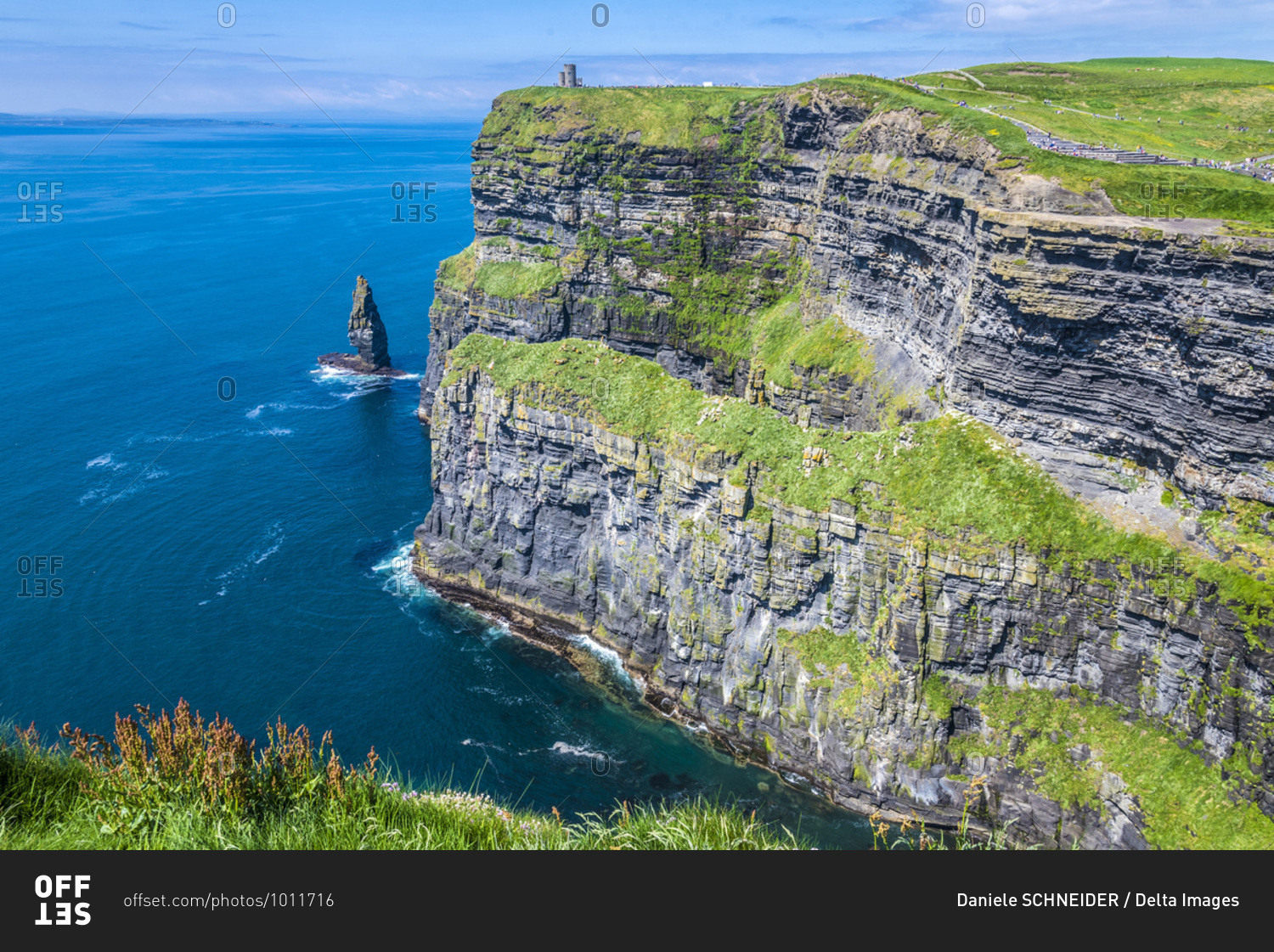 Europe, Republic of Ireland, Clare County, Burren and Cliffs of Moher Geopark (UNESCO World Heritage), North cliffs and rocky outcrop caused by sea erosion, seen from the South cliffs