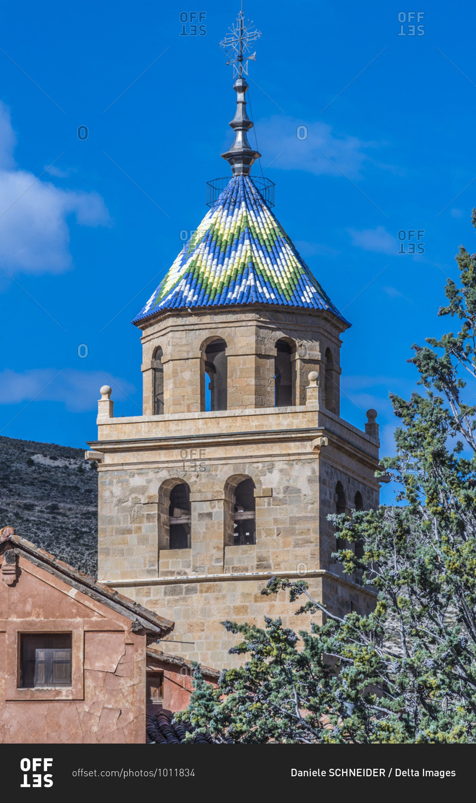 Spain, autonomous community of Aragon, Province of Teruel, Albarracin vilage (Most Beautiful Village in Spain), bell tower of the cathedral (16th century)