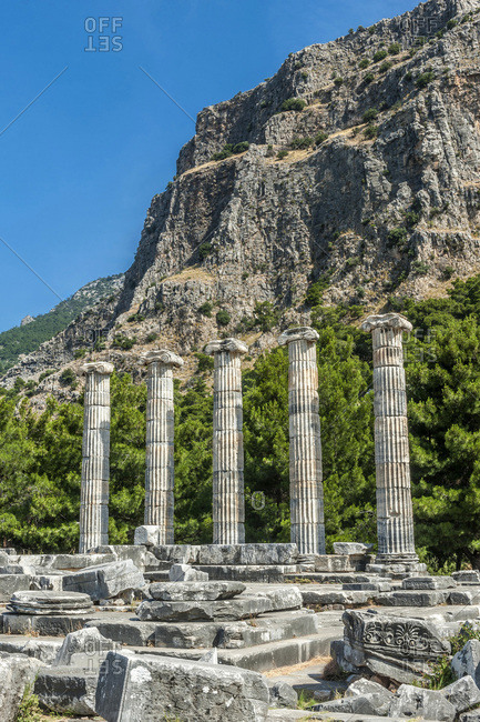 Turkey, Ionia, Priene Greek city, columns of the temple of Athena (350, BC) (UNESCO World Heritage)