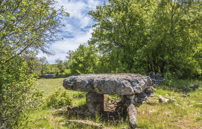 France, Lot, Causses regional Natural Park of Quercy, Natural Sensitive Space of Brauhnie, a dolmen (copper age, 2000 BC)