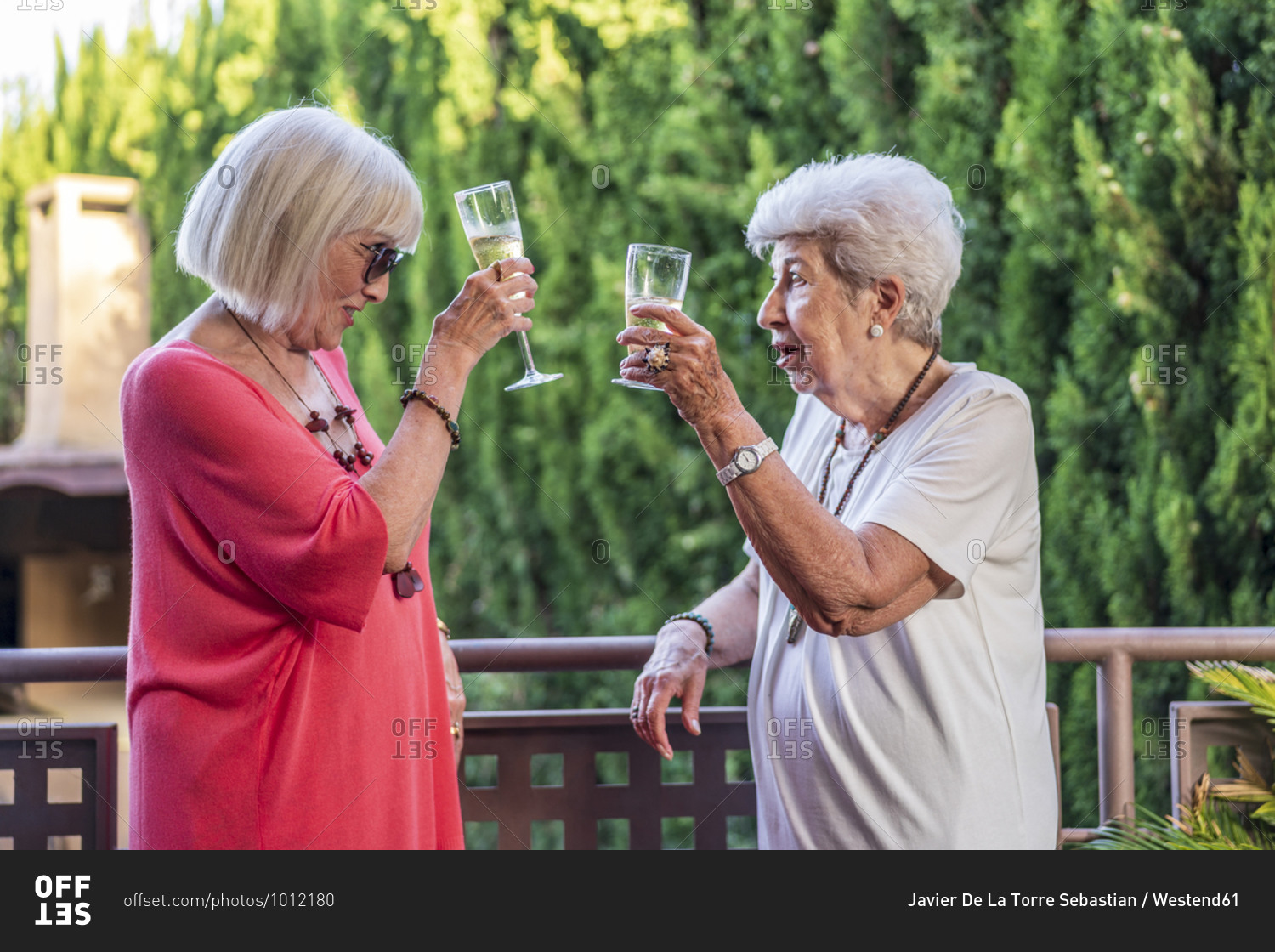 Senior female friends toasting champagne flutes while standing by railing in balcony