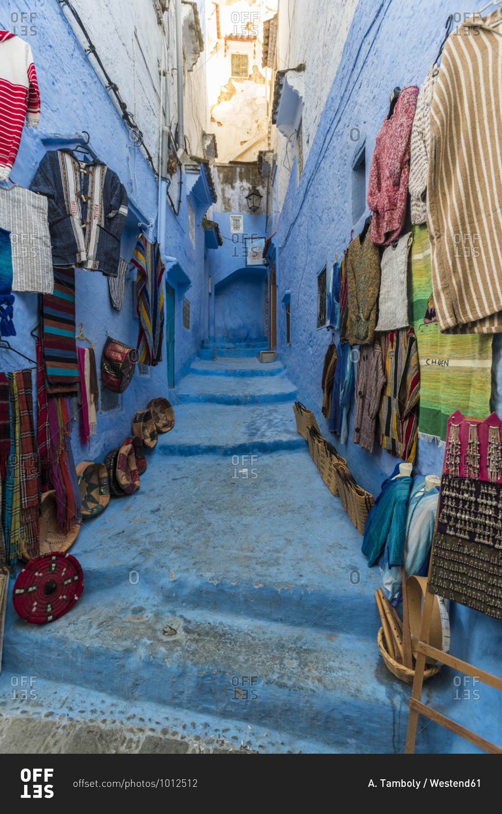 Craft products arranged on wall and steps for sale in old town- Chefchaouen- Morocco