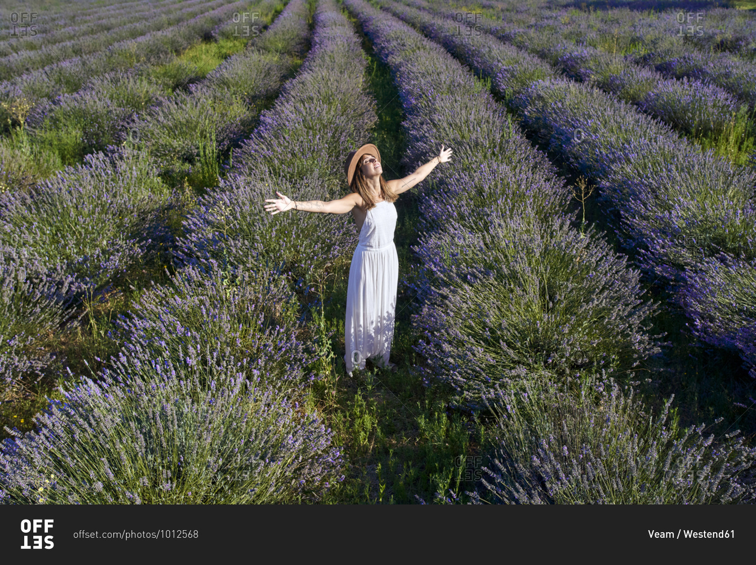 Woman wearing white dress with arms outstretched standing amidst lavender field