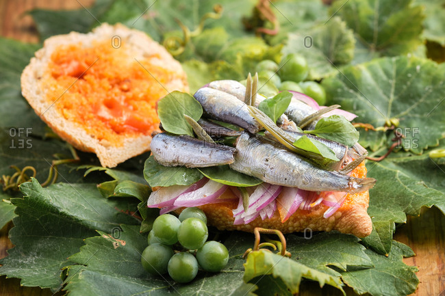 Open harvest sandwich with sardines, meat and different vegetables on top of a grapevine leaf. Gastronomy of Canary Islands