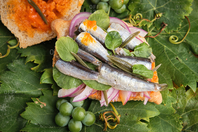 Traditional harvest sandwich half opened with sardines, meat and different vegetables on top of a grapevine leaf. Gastronomy of Canary Islands