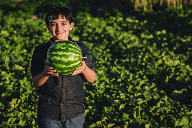 Positive preteen boy holding ripe watermelon in green garden in summer day in countryside