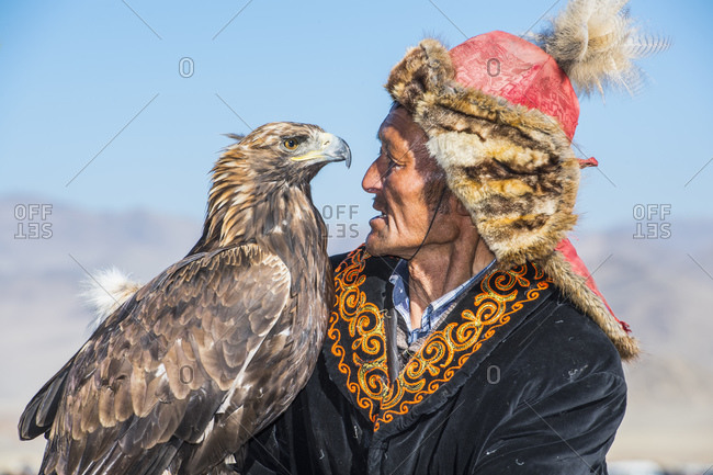 Mongolia, Bayan-Olgiy, Olgiy - October 6, 2018: Portrait of nomadic eagle hunter Oligemic Bayan-Olgiy, Mongolia