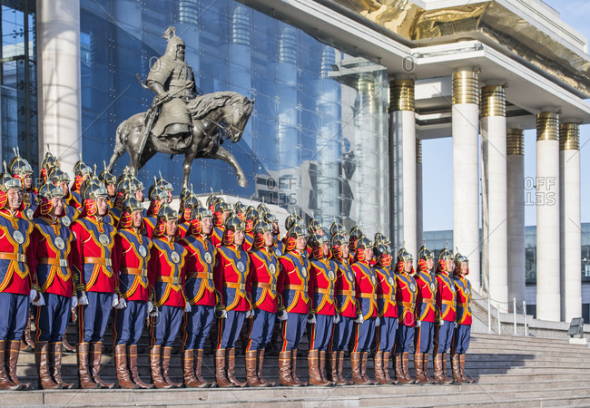 Mongolia, Ulaanbaatar, Ulaanbaatar - October 5, 2018: Mongolian State Honor Guard standing in front of State Great Khural, Ulaanbaatar, Mongolia