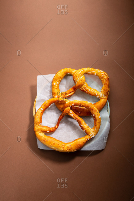 Overhead view of two baked pretzels