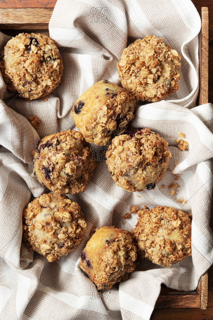 Mixed berry muffins with oat crumble topping.