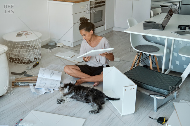 Concentrated young female sitting on floor near dog and reading paper instruction while installing new furniture in modern apartment
