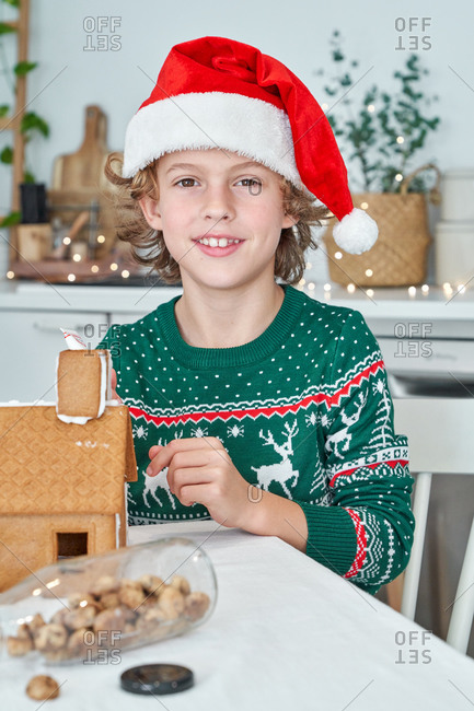 Happy little boy in red Santa hats sitting at table and decorating gingerbread houses with icing while preparing for Christmas celebration at home looking at camera