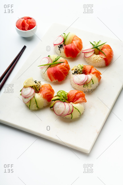 Sushi donuts with salmon and veggies