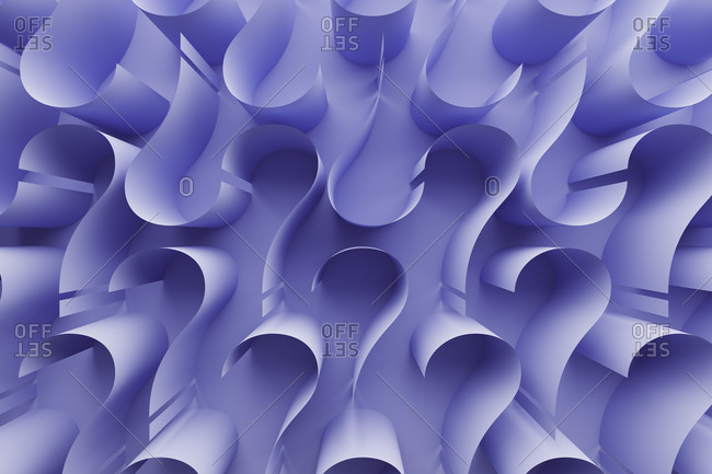 Three dimensional pattern of purple question marks against purple background