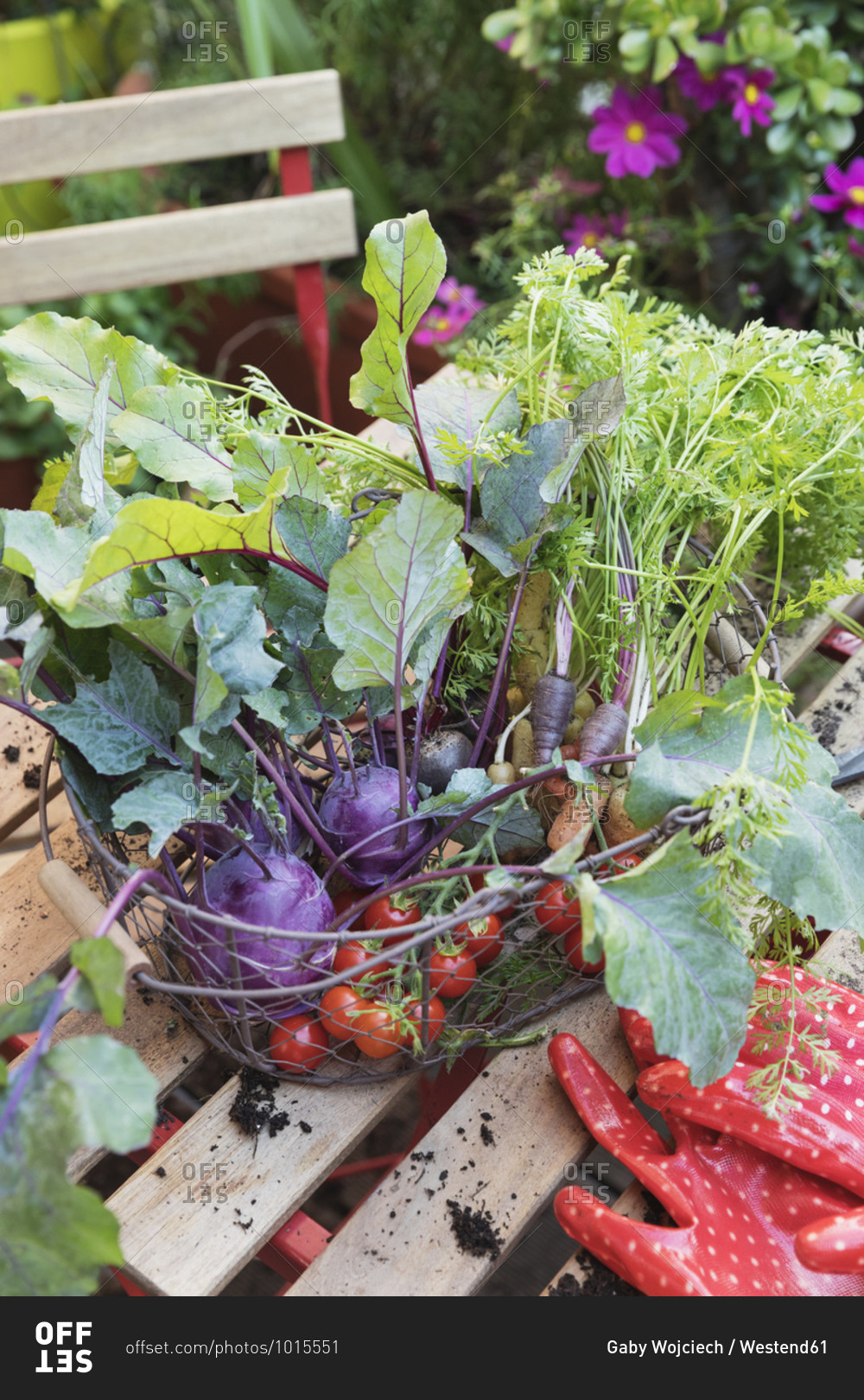 Close-up of vegetables in basket over table at garden