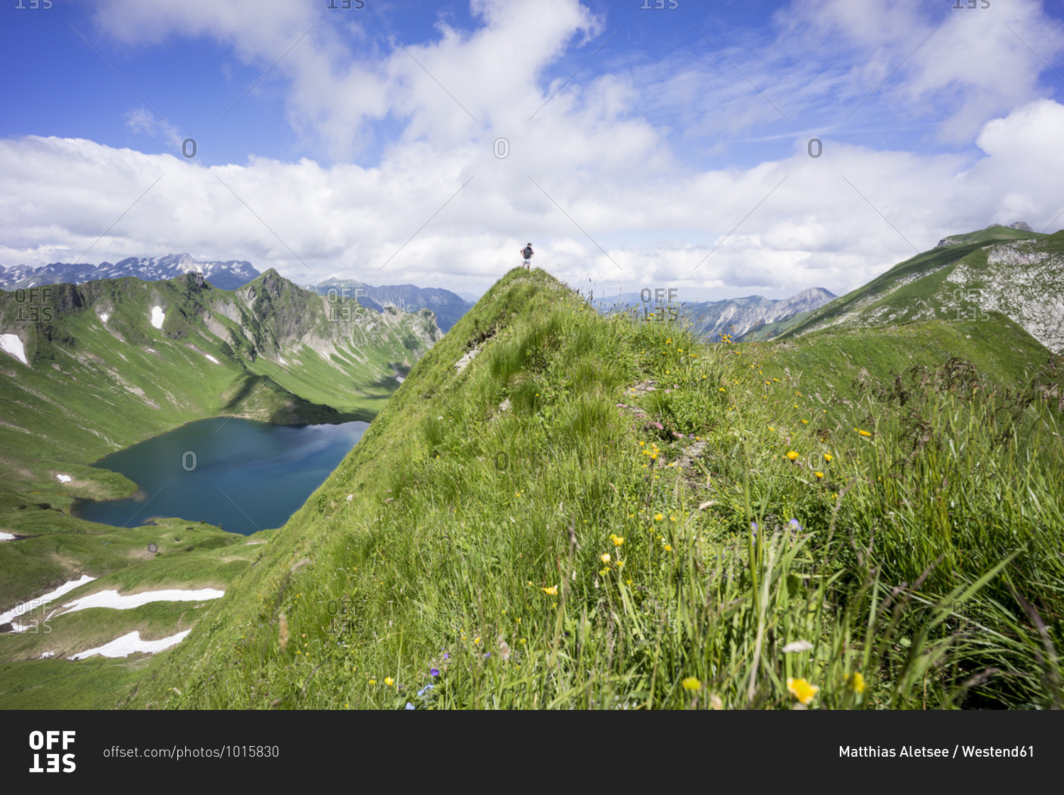 Hiker on viewpoint- Lake Schrecksee- Bavaria- Germany
