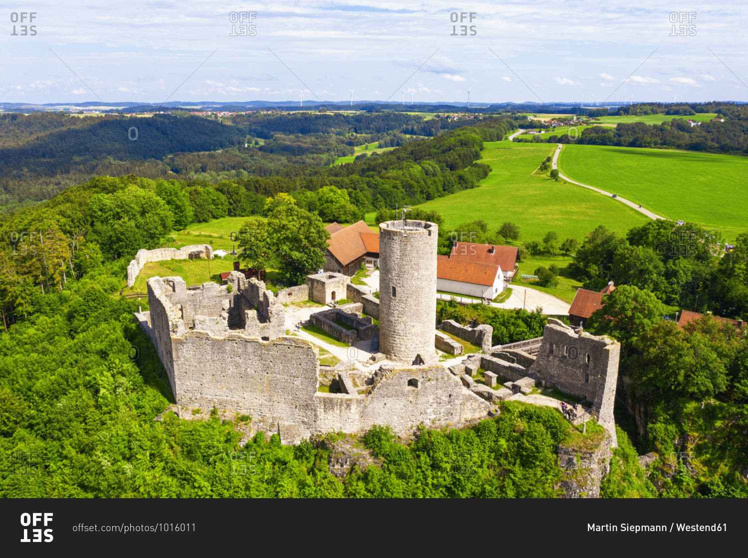 Germany- Bavaria- Neumarkt in der Oberpfalz- Drone view of Burgruine Wolfstein castle in spring